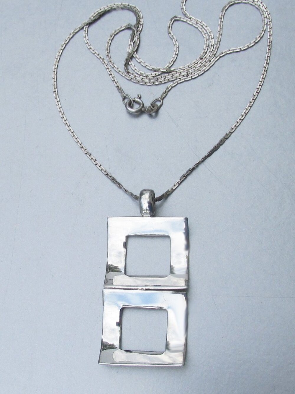 Sterling Silver Concave Double Square Vintage Modernist Pendant Necklace